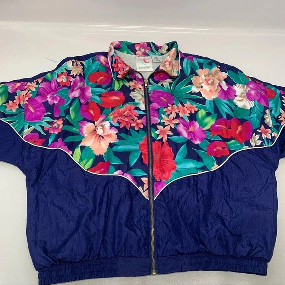 Womans Windbreaker Nylon Jacket XL  90s‎ Track Floral Colorful Full Zip Pockets - Picture 7 of 12